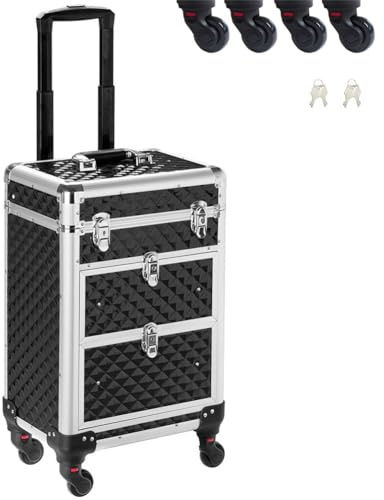 BAKAJI Trolley Make Up Professionnel, Beauty Case Esthéticienne Portable, Valise de maquillage avec trame holéographique à Triangulaire et roues détachables, trousse organisateur de maquillage voyage,