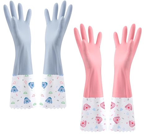 JYJLLM 2-Pairs Wide Cuff Household Gloves - Long 42cm Waterproof Rubber Gloves with Cotton Lining for Washing Dishes, Kitchen & Bathroom Cleaning, Gardening(Pink, Blue)