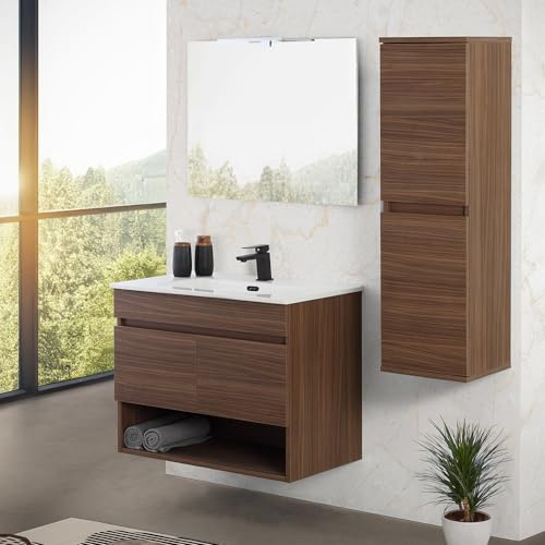 Inbagno Mobile bagno sospeso 80 cm noce canaletto con 2 ante e vano a giorno, lavabo in ceramica e specchio reversibile 60x80 cm, KLEO