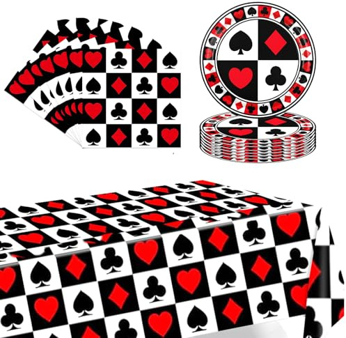 POPOYU 37 Stück Casino Poker Partygeschirr Set,Casino Poker Geburtstag Deko Mit Teller Servietten Tischdecken,Casino Poker Dekoration Geschirr Partyzubehör für Junge Mädchen Kindergeburtstag(16 Gäste)
