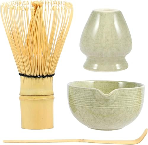 4Pcs Matcha Whisk Set, Matcha Tea Set with 500ml Ceramic Bowl (with Pouring Spout), Whisk and Bowl, Matcha Spoon, Whisk Holder, Handmade Matcha Making Kit for Tea Lovers(Matcha Green)