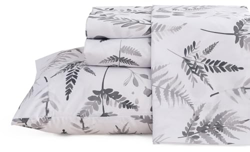 JSD Boho Floral Duvet Cover Set Queen Size 4 Pieces Herb Ferns Printed Microfiber Deep Pockets Grey