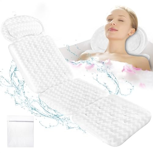 Bath Pillow Bath Pillows for Head and Neck Full Body Bath Cushion Bathtub Pillow Headrest Luxury with Comfort Soft 4D Air Mesh and 10 Powerful Suction Cups for Women Spa Relaxing Fits All Bathtub