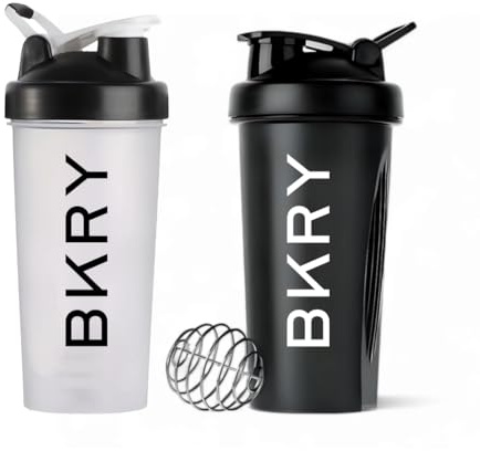 bvkhary Protein-Shaker-Flaschen (2er-Pack) – Klassische Shaker-Becher mit Griffen, ideal für Pre & Post-Workout – Proteinmischungen, BPA-frei, Drahtbesen, 600 ml, Schwarz & Transparent
