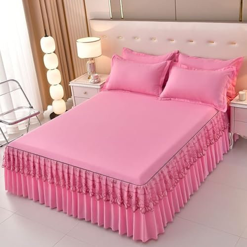 Fitted Sheet 150x200cm, Rosa Fitted Sheet Volltonfarben mit Spitze Polyester Spannbetttuch + 2 Kissenbezüge