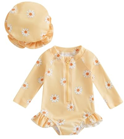 Loalirando Ensemble Maillot de Bain Bébé Fille Anti-UV avec Imprimé Marguerites, Haut Zippé et Bonnet Assorti (6 Mois-3 Ans) (Jaune, 6-9 Months)