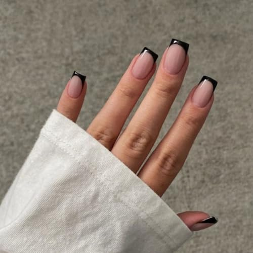 KQueenest Schwarz French Tip Soft Gel Press On Nails - 30 Stück Nägel zum Aufkleben Kurz Eckig, Natürlich Fake Nails Künstliche Fingernägel, Glänzende Acryl Full Cover French Nägel für Frauen