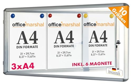 OfficeMarshal Schaukasten 3xA4 inkl. 6 Magnete Infokasten Aushang Aushangkasten Magnetische & beschreibbare Rückwand Plakatschaukasten mit Alurahmen