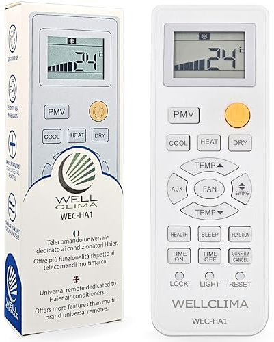 Wellclima WEC-HA1 Mando para Aire Acondicionado para Haier, para HEC, para Candy, Más Completo Que los Universales, Listo para Usar con Funciones Especiales, para Inverter y Bomba de Calor