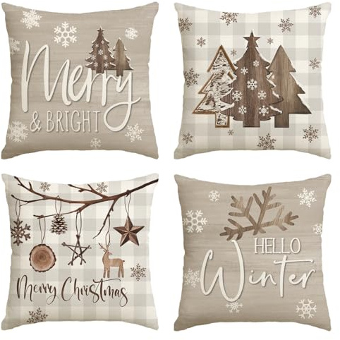 Artoid Mode Schlitten Bäume Schneeflocken Planken Stern Weihnachten Kissenbezüge 4er Set, 45x45 cm Christmas Zierkissenbezug Cushion Cover Couch Deko