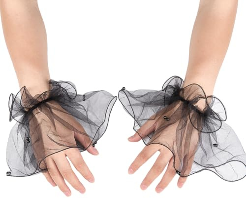 GORGECRAFT 2 Stück Kurze Handgelenksmanschetten Mit Perlen Gaze Spitze Fingerlose Rüschen Handärmel Sexy Elastisches Armband Kostümschmuck Zubehör Für Hochzeit Braut Maskerade Teeparty Halloween Cospl
