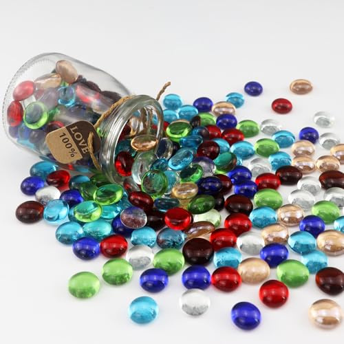 ginojex 0.96LB Glass Beads Mix Colors Vase Filler Aquarium Gravel Decor Flat Glass Marbles Gems Pebbles Fish Tank Rocks Home Decorative Art Craft - 7 Colors Mixed