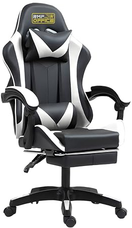 RMF Chaise Gaming Professionnelle Ergonomique Inclinable, Fauteuil Gaming Assise Confortable et Relaxante avec Repose-Pieds - Chaise pour Gamer avec roulettes Pivotantes, Hauteur Réglable Blanc/Noir