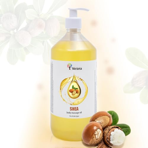 Verana Massageöl Karité Shea für Körper, Gesicht und Haare, Natürlich, Neutral, Geruchlos, Ideale Gleitfähigkeit und Absorption, Entspannend, Anti Cellulite, stimuliert die Kollagenproduktion (1L)