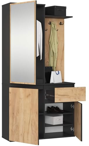 AKORD Ensemble de Vestiaire d'Entrée avec Miroir - 95 cm, 3 Portes, 1 Tiroir, 7 Étagères - Meuble d'Entrée - Optimum pour Petits Espaces - Couloir ou Entrée Étroit - Noir & Chêne-Craft