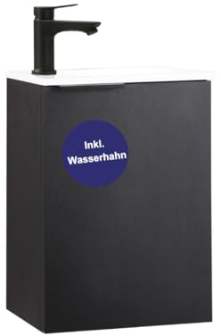 Kometmöbel Gäste-WC Waschtisch Set 40 cm Vormontiert Klein Waschbecken mit Unterschrank (Schwarz mit Griff 40cm, Mit Wasserhahn Schwarz)