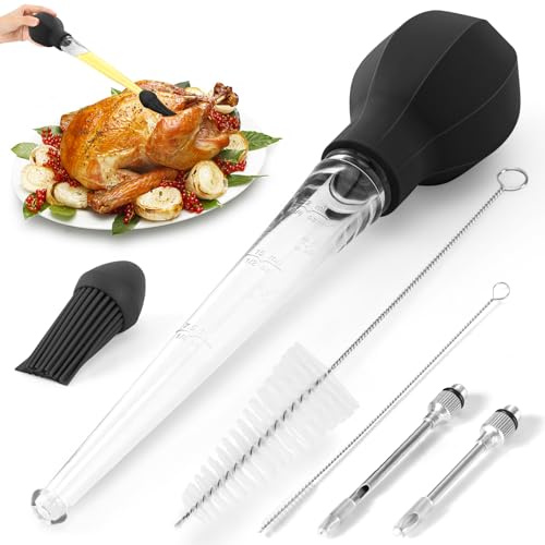 SCHVUBENR Large Turkey Baster for Cooking - 2-in-1 Baster Tool with Basting Brush Head - Includes 2 Meat Injector Needles & Cleaning Brush - Baster Syringe for Hot Liquids - Baste with Ease - Black