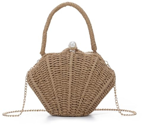EVEOUT Muschelförmig Stroh Umhängetasche Damen Sommer Chic Kunstraffia Geflochten Korb Handtasche mit Griff & Kette für Strand Alltag