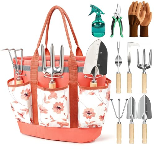 Floraxa Lot de 10 outils à main de jardin résistants à la rouille, sac à main tendance et robuste, cadeau de jardinage pour femme, rose