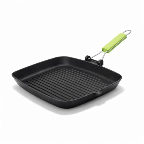 Bistecchiera Grill 36x26cm, Olympia – Piastra Padella Grill in Alluminio Pressofuso Antiaderente 5 Strati, Manico Salvaspazio Verde, Senza PFOA e Nickel, Prodotta in Italia