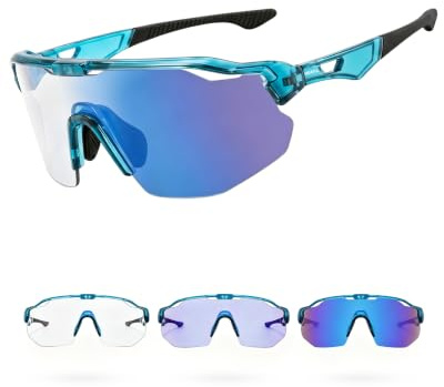 Meayll Fahrradbrille Herren Damen Selbsttönend, Photochrome Laufbrille UV400 mit Verstellbarem Nasenpad, 27g Leichte TR90 Sportbrille Sonnenbrille Schnelle Brille für Fahrrad, MTB, Outdoor, Blau