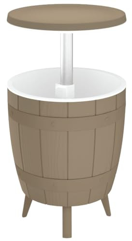 KGHFDVB 3-in-1 Gartentisch mit Kühlbox, Cocktailtisch und Couchtisch aus Polypropylen in Holz-Optik, Hellbraun, mit Ablaufstöpsel und Drehverschlusssystem für stabile Tischplatte