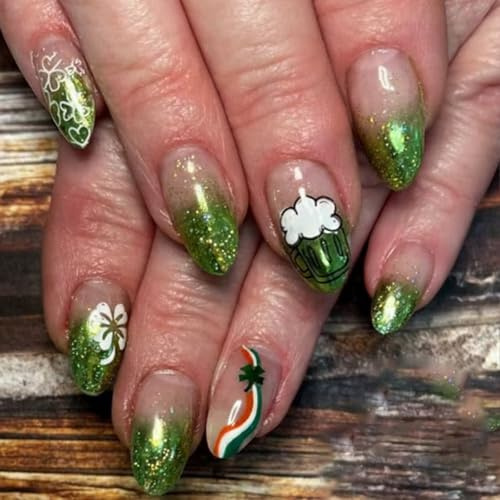 24 faux ongles brillants avec design à quatre feuilles en vert pour des styles festifs et des motifs trèfle porte-bonheur pour les fêtes pour une application et un style faciles