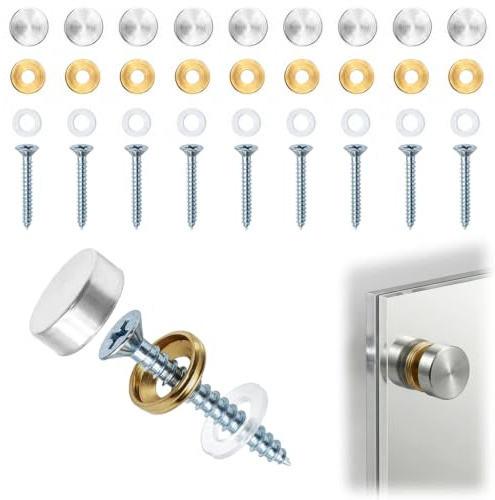 10PCS Stainless Steel Mirror Screws Kit with Metal Caps for Mirrors Fasten | 16MM Brushed Screw Nail set with Washers and Decorative Polished Cap Covers Fasteners for Furniture Fittings and Glass