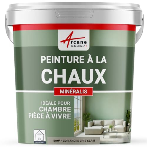 Peinture chaux naturelle : peinture, sans émanation, mineralis - 60 m² (2x5 kg en 1 couche) Coriandre Gris Clair - ARCANE INDUSTRIES