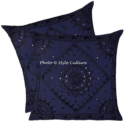 Stylo Culture Indio Fundas Almohadones Decorativa 60x60 cm Algodón Espejado Fundas para Cojines Sofa Azul 24x24 Inch Bordado Cuadrado sobre Cojin para La Cama - 2 Pcs