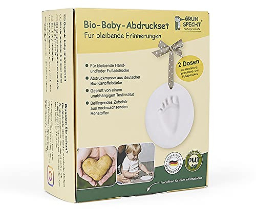 GRÜNSPECHT Bio-Baby-Abdruckset, 2 Dosen Abdruckmasse & Zubehör, Baby Handabdruck & Fußabdruck, aus zertifizierter Bio-Kartoffelstärke, Geschenk Geburt (679-00)