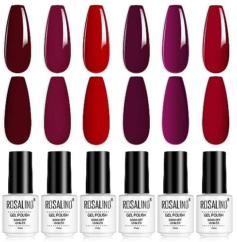 ROSALIND Esmaltes Semipermanentes de Uñas en Gel, Rojo Púrpura Esmaltes Semipermanentes para Uñas 6pcs, Kit Uñas Semipermanentes Pintauñas Semipermanentes Set