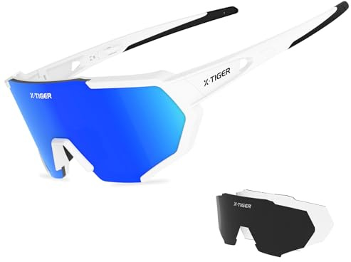 X-TIGER Radbrille Polarized Sonnenbrille Tr90 Superlight Frame mit 3 oder 5 Wechselgläsern UV400-Schutz für Herren und Damen,zum Radfahren Skifahren Autofahren Fischen Laufen Wandern Sport