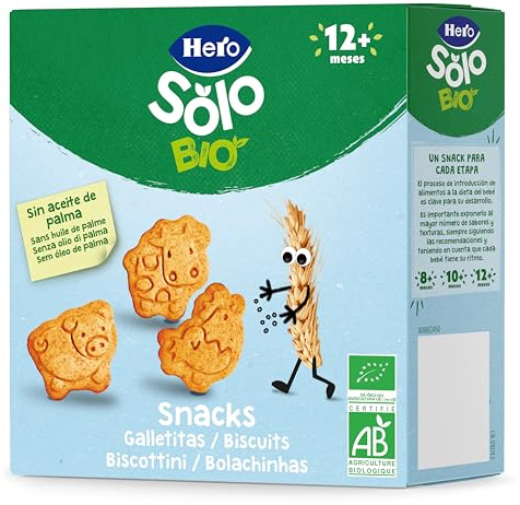 Hero Solo - Galletas de Animales Infantiles, 100% ECO, BIO, con Ingredientes de Agricultura Ecológica, Apto para Bebés a Partir de 12 Meses - 100 g | Galletas ecológicas, Formas divertidas para bebés, Ingredientes 100% naturales, Ideal merienda infantil