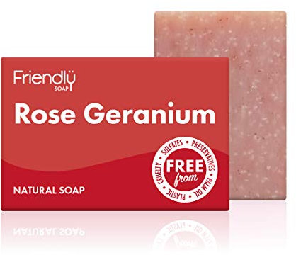 Friendly Soap - Heavenly Scent Rose Geranium (95g), Plant-Based, Cruelty-Free, Made By Hand, No Preservatives or Sulphates, Sustainable