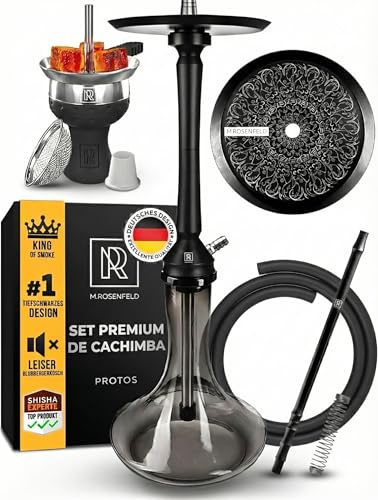 M. ROSENFELD Shisha-set komplett PROTOS - 75 cm vattenpipa-shisha-set med plug-in skål, coolt utblåsningssystem, stängd kammare, rostfritt nedsänkningsrör, skorstenshuvud, shisha-slangsats (slim svart)