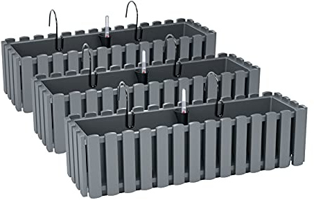 PAFEN 3X Blumenkasten Blumentopf mit Halterungen – 58 x 18 x 16,2 cm - Pflanztopf Bewässerungssystem Balkonkasten Pflanzkästen, Grau