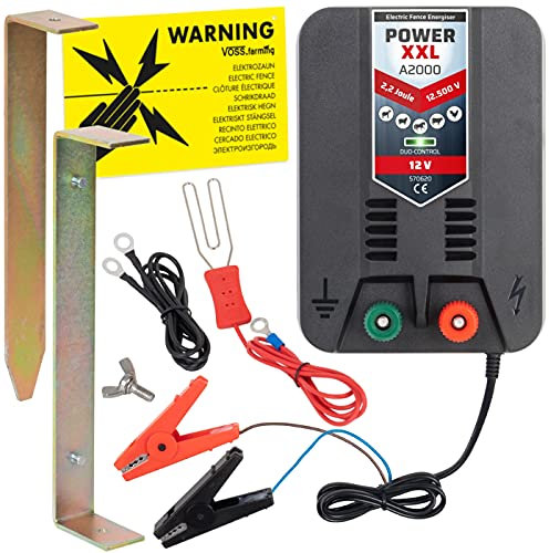 Power XXL A2000 12V Set Elektrozaungerät inklusive Zubehör Weidezaungerät für Lange Einzäunungen, Weidezaun Paddock Gehege 12.500 Volt 2,2 Joule