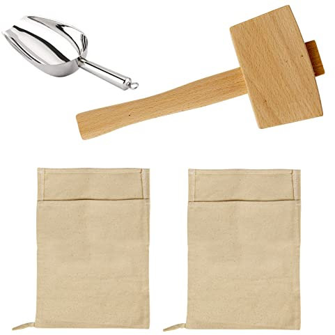 Pack of 2 Lewis Bags and 1 Piece Ice Mallet Set - Reusable Canvas Crushed Ice Bags with Wooden Ice Crusher Mallet for Home Party Bar Kitchen Dried Ice Crushing