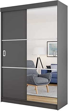 Logic 138 IIIL Armoire avec miroir, 2 penderie et 3 étagères - Armoire à portes coulissantes - 138 x 205 x 60 cm - Entrée et couloir (graphite anthracite, sans éclairage)