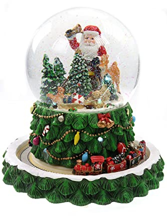 ELLUG Schneekugel/Spieluhr Tannenbaum ⌀150mm, weihnachtlicher Sockel mit rotierendem Zug, Musik, Licht & Schneeantrieb, H: 23,5cm
