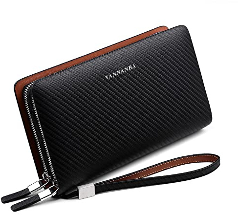 VANNANBA Mens Clutch Leather Business Large Clutch Purse with Double Zip Handbag Long Wallet (Black)