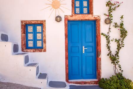 Holz-Bild 120 x 80 cm: Detailansicht der traditionellen bunten griechischen Türen und Fenster, Santorini, Griechenland(75374906)