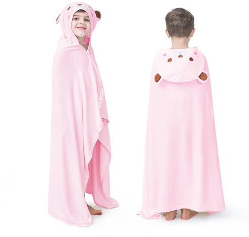 ZIONOR Hooded Bath Towel for Kids - 50''L x 35''W Extra-Large Hooded Towels for Big Kids 6-10, Kids Beach Towels Made from Bamboo Rayon, Suitable for Bath, Pool, Beach(Pink Bear)