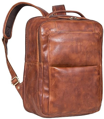 STILORD 'Balduin' Mochila grande cuero portátiles hasta 15.6' Mochila negocios Mochila trabajo hombres Mochila vintage cuero genuino damas, Color:brandy - coñac