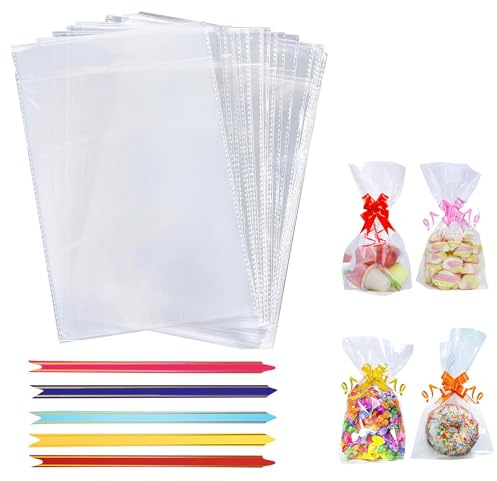 Cellophane Bags Pack of 100, 15.5 x 25cm (6 x 10 Inches) | Food Safe Cookie Bags, Small Plastic Gift Wrap, For Cookies, Candy, Party Favors, Popcorn, Includes 100 Mix Colors Pull Bows