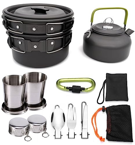 DEEDAV Camping Kochgeschirr Outdoor Töpfe Pfannen Camping Kochgeschirr Picknick Kochset Geschirr Mit Faltbarem Löffel Gabel Wasserkocher Tasse Wandern Trekking (Color : Black, Size : 11pcs)