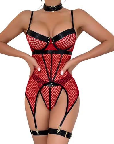 EVELIFE Underklädesset för kvinnor sexig nätbody med strumpeband lår hals underkläder underkläder babydoll utan strumpor