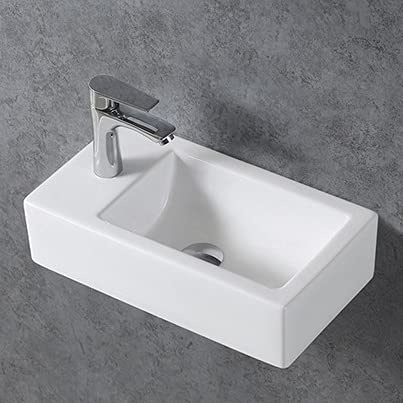 BERNSTEIN Wandwaschbecken aus Keramik KW302 - Ideal für Gäste-WCs - 45,5 x 25 x 12 cm - Ablagefläche Links - 5 Jahre Garantie - Waschbecken in Weiß glänzend, Mit Ablaufgarnitur (Blende Chrom)