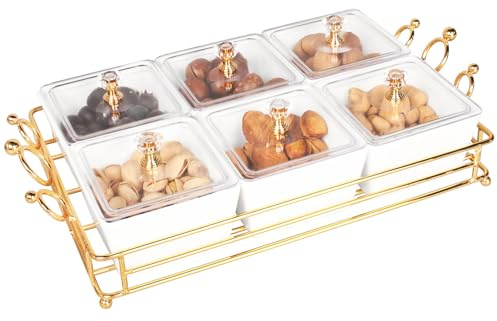 jinsongdafa Ceramic Serving Bowls with lid Metal Dishes, 6 Removable Small Bowls Relish Tray Nuts Dishes for Snack, Fruits, Sugar, Candies - for Parties, Party, Gift